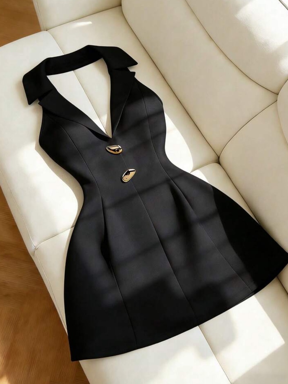 Women's Elegant Halter Neck Blazer Dress, Metal Decor Waist Cinching